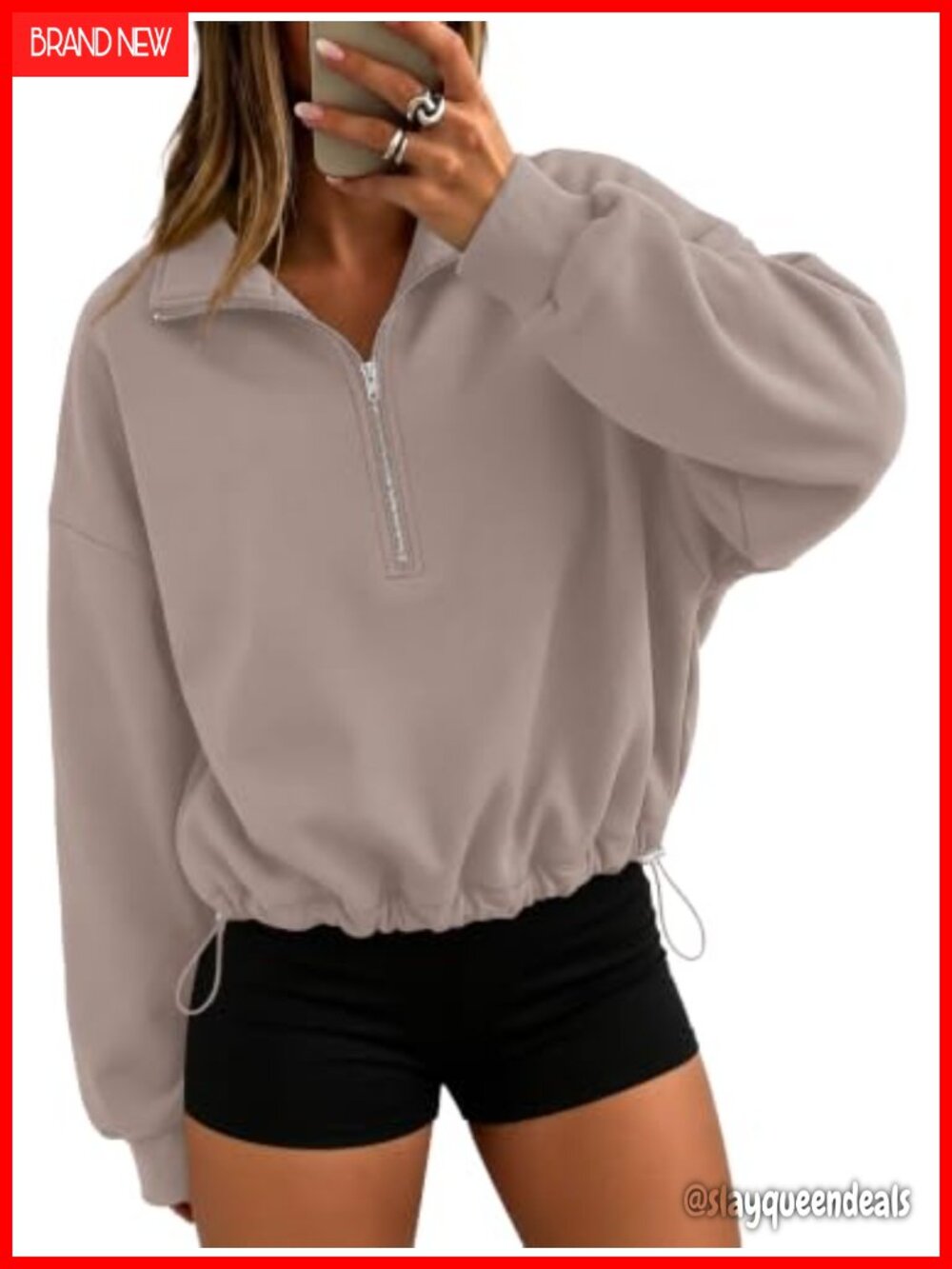 Quarter Zip Fleece Pullover Cinchable Crop Sweatshirt Oversized